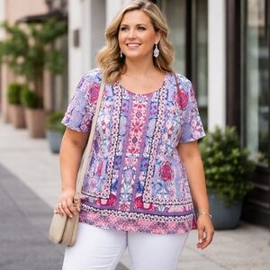 NWT Alia Petite Cotton Blend Printed Top Plus Size Blue Red Boho Short Sleeve